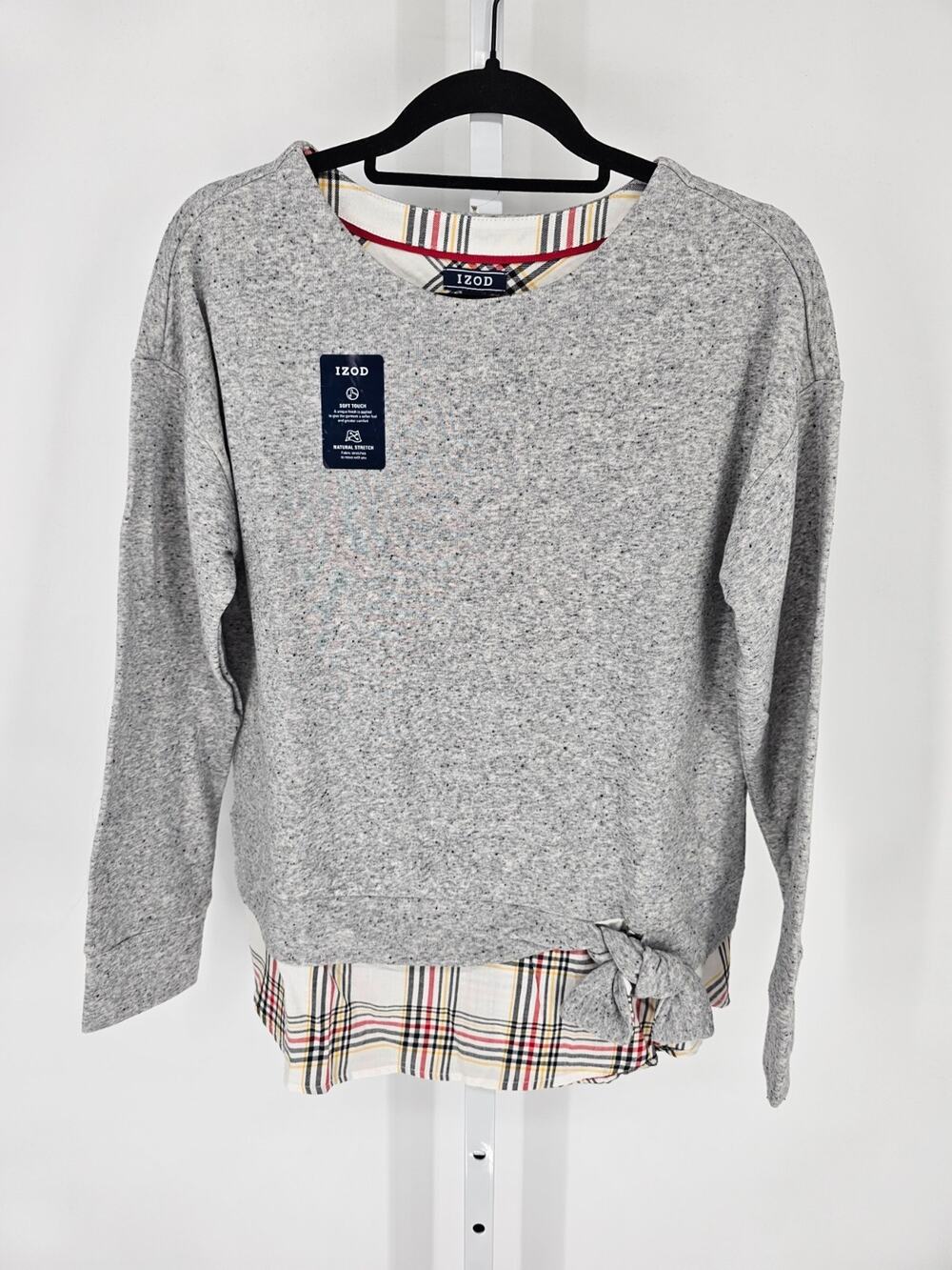 Izod Womens Sz M Tie Front 2 Fer Sweatshirt Gray Plaid Layered NEW